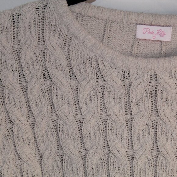 Pink Lily beige/tan long-sleeve crew neck chunky cable knit cropped sweater L - Picture 3 of 9